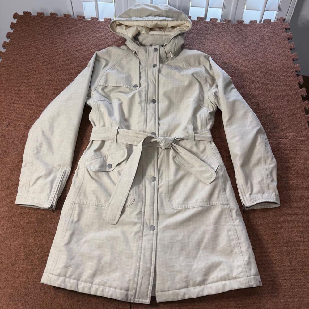 A+ The North Face Womens Beige Plaid Insulated Trench Coat Hooded Belted Parka